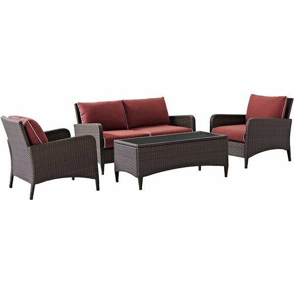 Crosley Brands Kiawah Wicker Conversation Set - Loveseat, 2 Arm Chairs & Coffee Table, Sangria & Brown - 4 Piece KO70028BR-SG